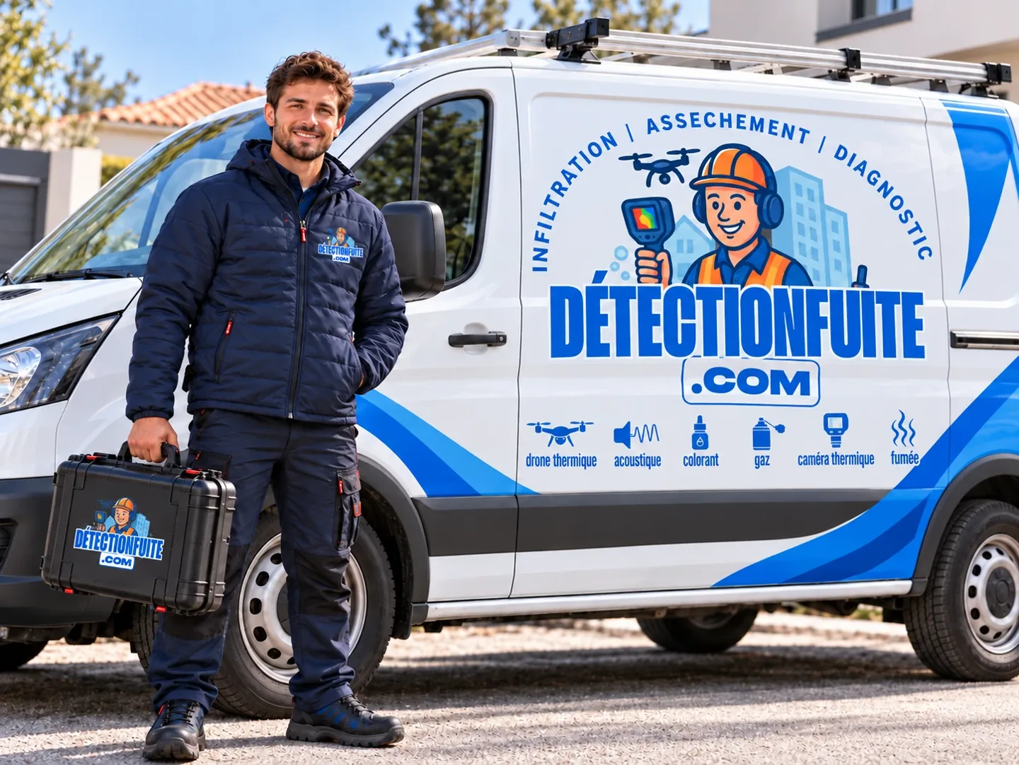 Technicien Détection Fuite devant le véhicule d'intervention